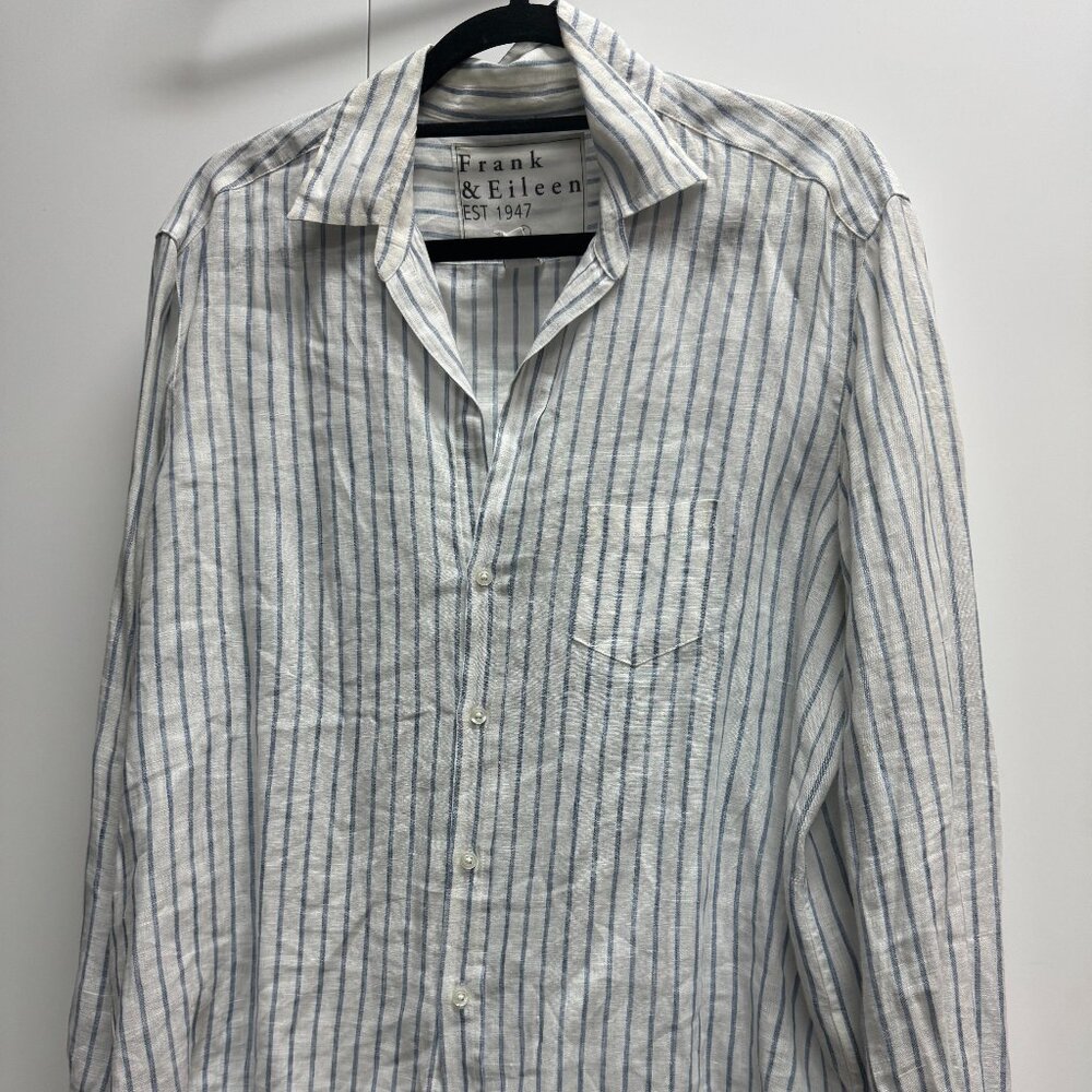 Frank and Eileen - Linen Blue/White Stripe Button Down Large.